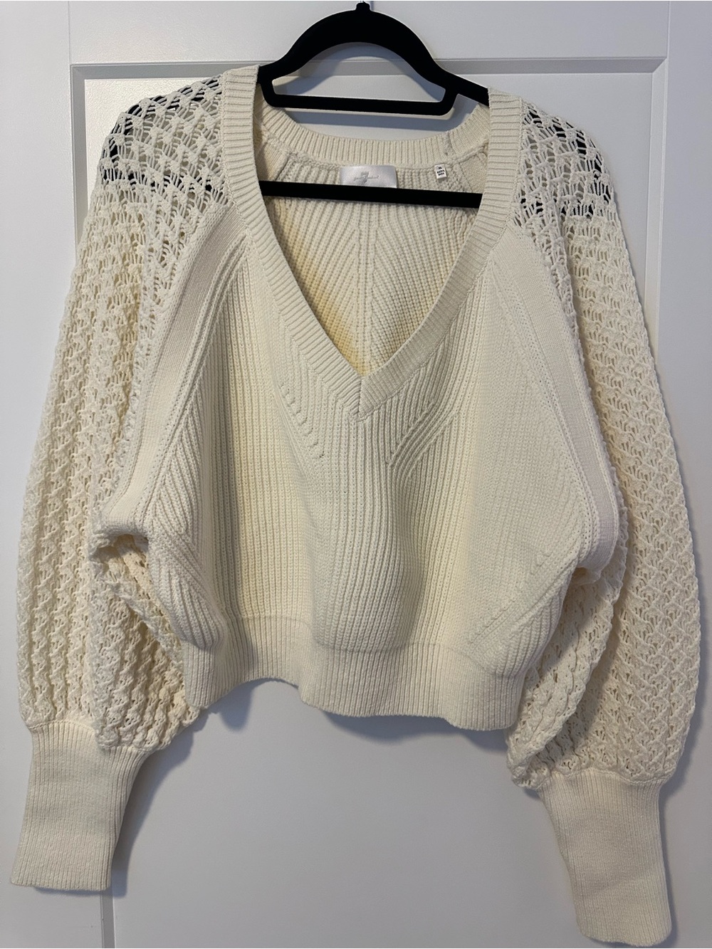 7 For All Mankind Cream Open-Weave V-Neck Sweater